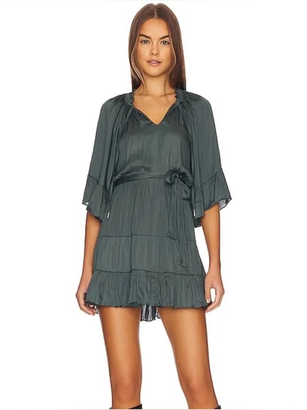 Mink Pink Anya Mini Flowy Ruffled Dress in Dark Teal